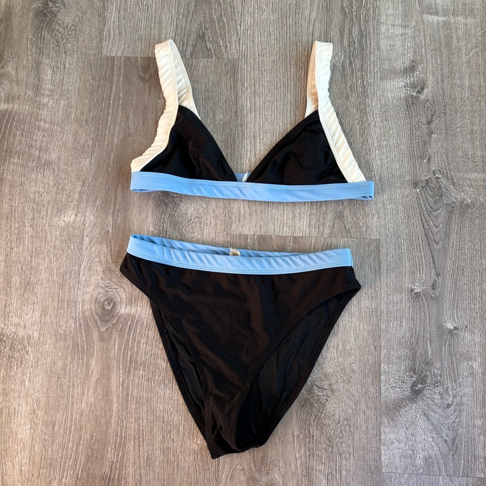 SOLID & STRIPED Black Bikini with Light Blue Trim and Cream Straps